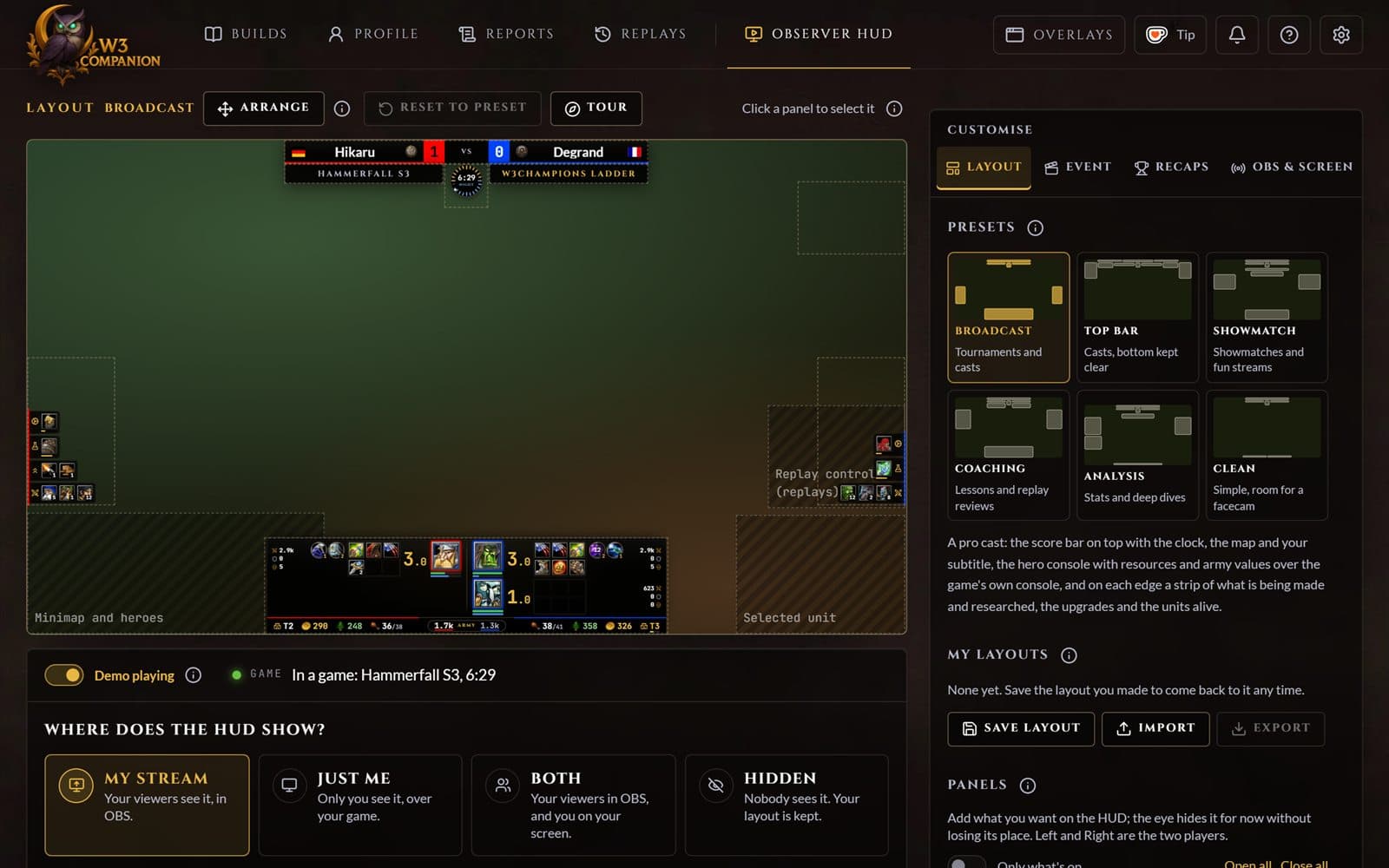 The Stream overlay studio in the app: the layout preview, presets, where the stream overlay shows, and the panel list