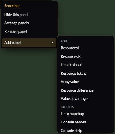 The panel menu: hide this panel, arrange panels, remove panel and add panel with its list